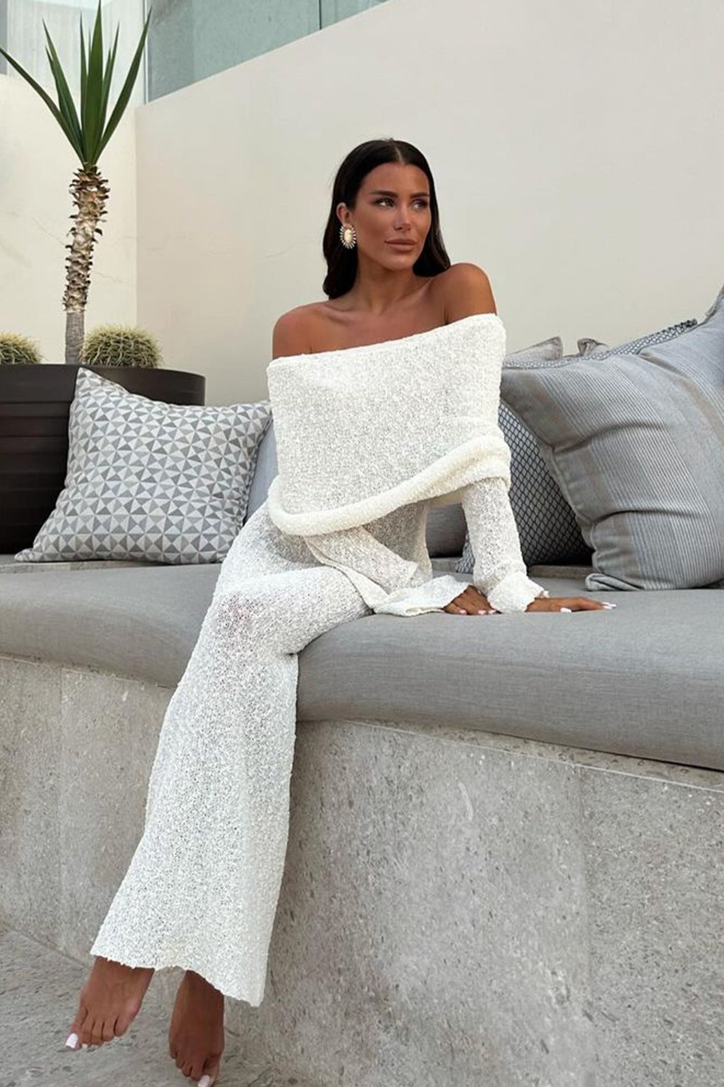 Mariana | Off Shoulder Boucle Maxi Dress - Ivory